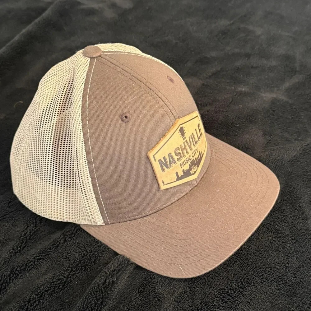 Nashville Music City Brown Trucker Hat Mesh Snapback Leather Patch Cap